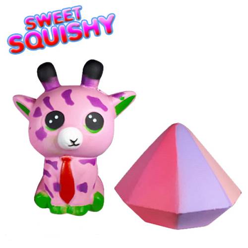 2 st. Sweet Squishy Speelfiguren Roze/Groene Kitten + Diamant 10 cm